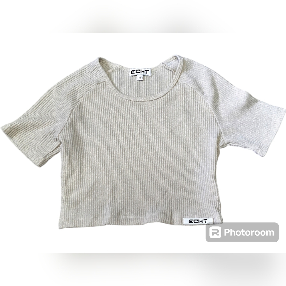 ECHT Womens Size Medium Crop Top Shirt Taupe Short Sleeve Round Neck Ribbed Cute